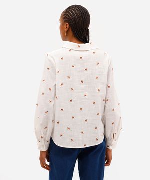 camisa feminina de algodão leopardo manga longa off white