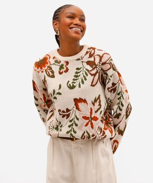 suéter feminino de tricot manga longa floral bege
