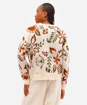 suéter feminino de tricot manga longa floral bege