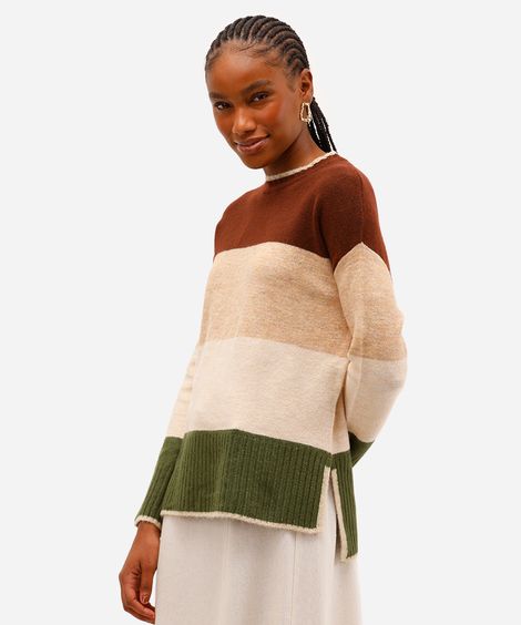 suéter feminino de tricot listrado com fendas bege