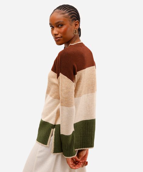 suéter feminino de tricot listrado com fendas bege