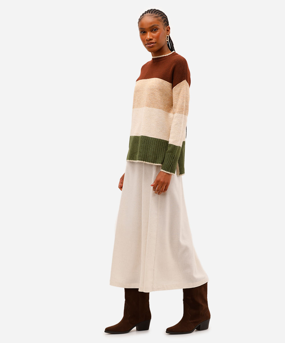 suéter feminino de tricot listrado com fendas bege