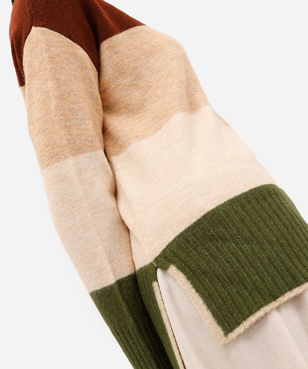 suéter feminino de tricot listrado com fendas bege