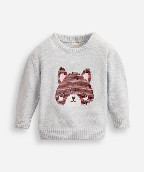 suéter de tricot infantil ursinho de paetê azul
