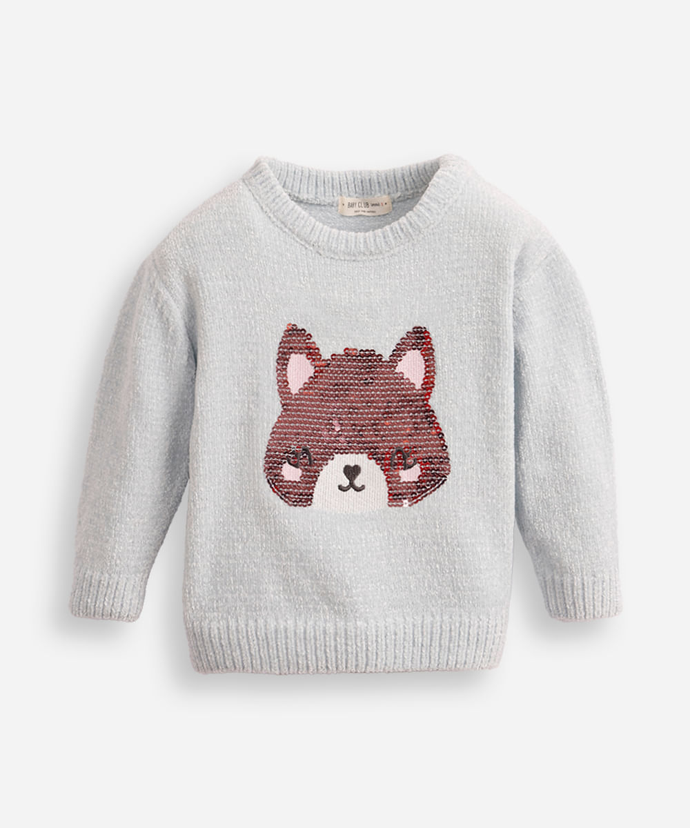 suéter de tricot infantil ursinho de paetê azul