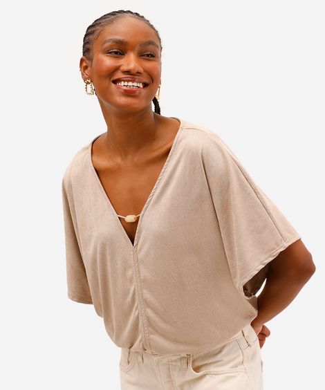 blusa feminina de suede decote v - cinza claro