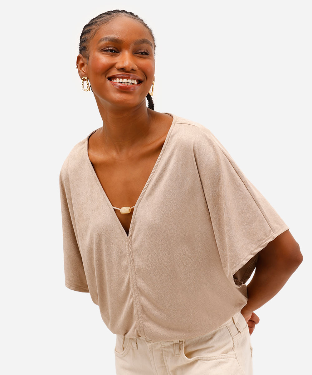 blusa feminina de suede decote v - cinza claro