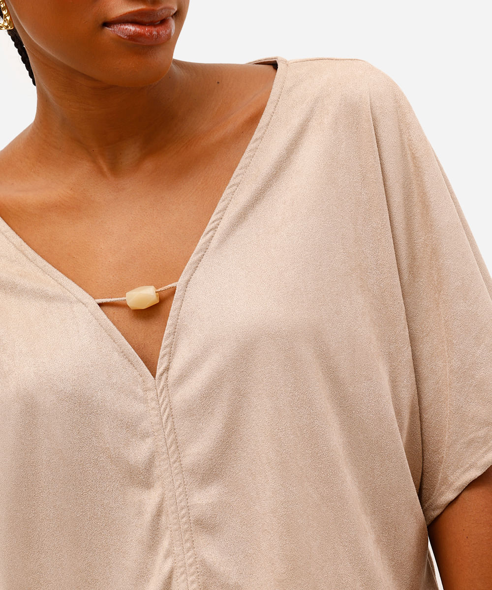 blusa feminina de suede decote v - cinza claro