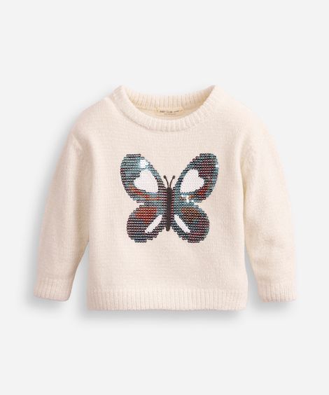 suéter de tricot infantil borboleta de paetê off white