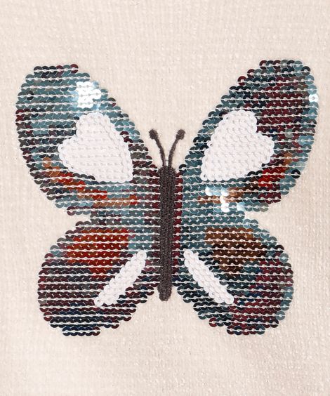 suéter de tricot infantil borboleta de paetê off white