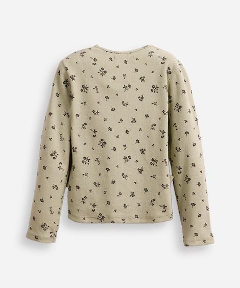 blusa de algodão infantil manga longa floral com lacinho verde
