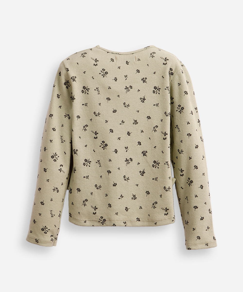 blusa de algodão infantil manga longa floral com lacinho verde
