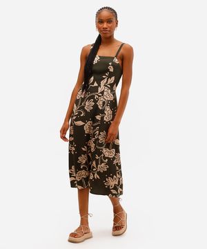 vestido midi feminino de viscose floral com fenda verde