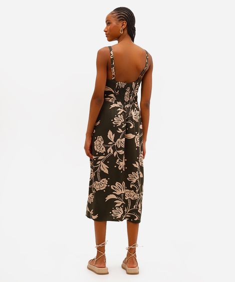 vestido midi feminino de viscose floral com fenda verde