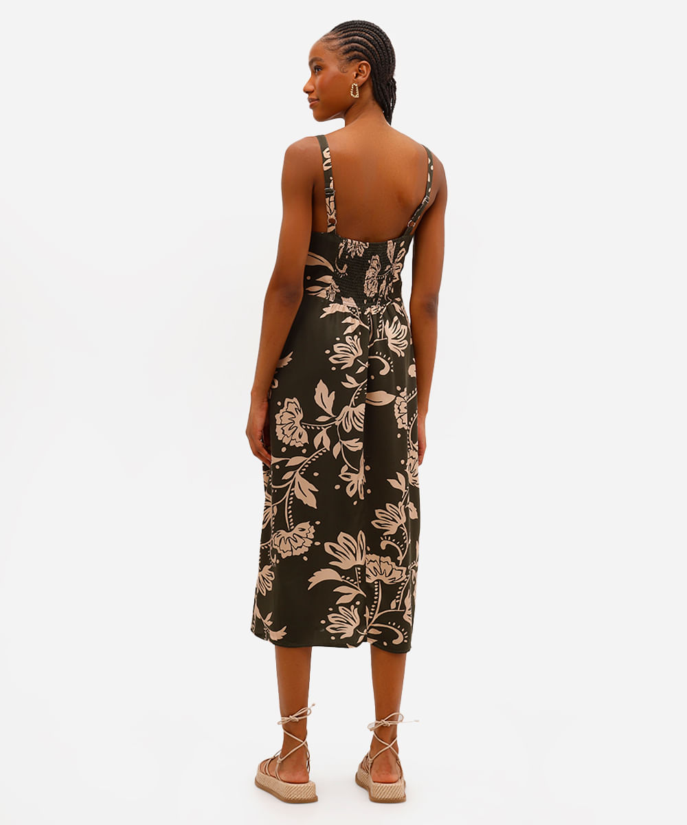 vestido midi feminino de viscose floral com fenda verde