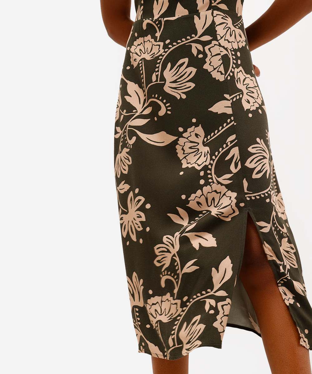 vestido midi feminino de viscose floral com fenda verde