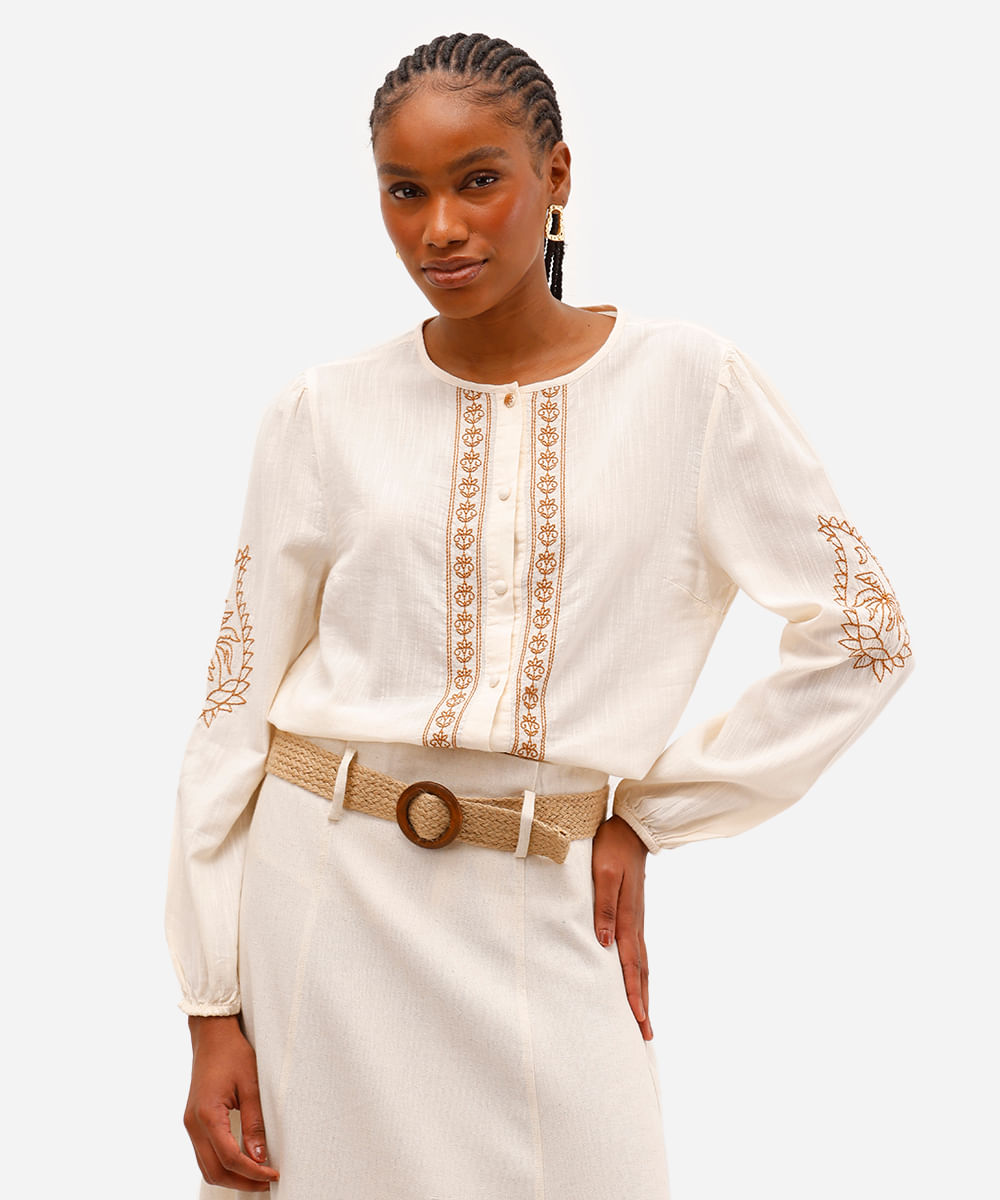 camisa feminina de algodão texturizada bordada bege