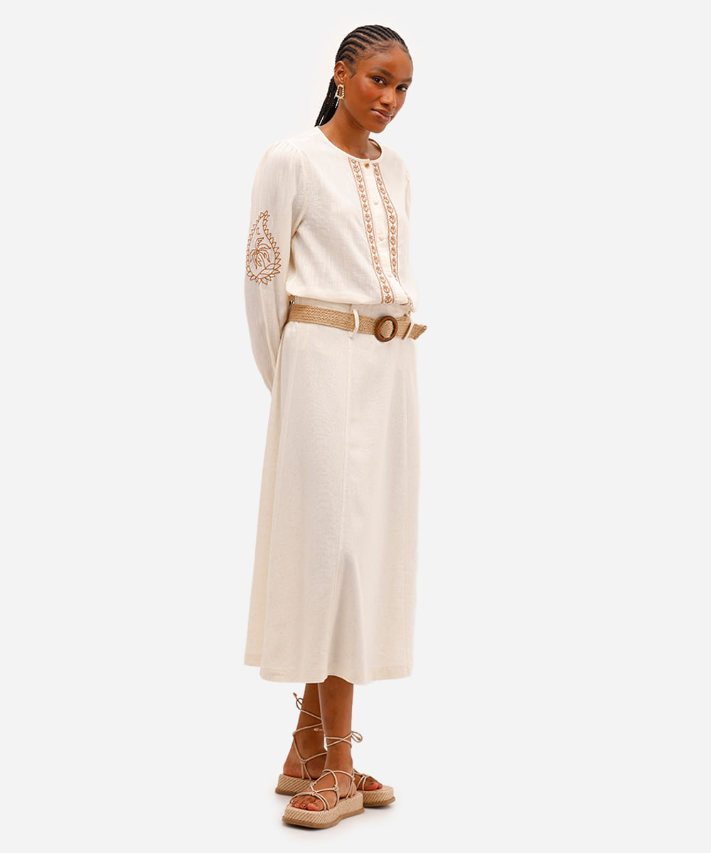 camisa feminina de algodão texturizada bordada bege