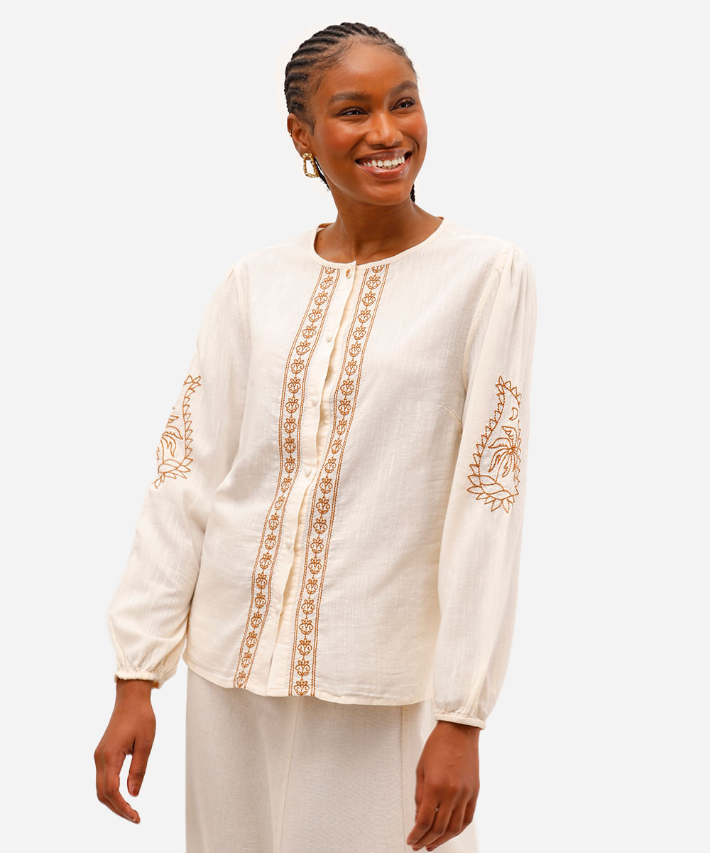 camisa feminina de algodão texturizada bordada bege