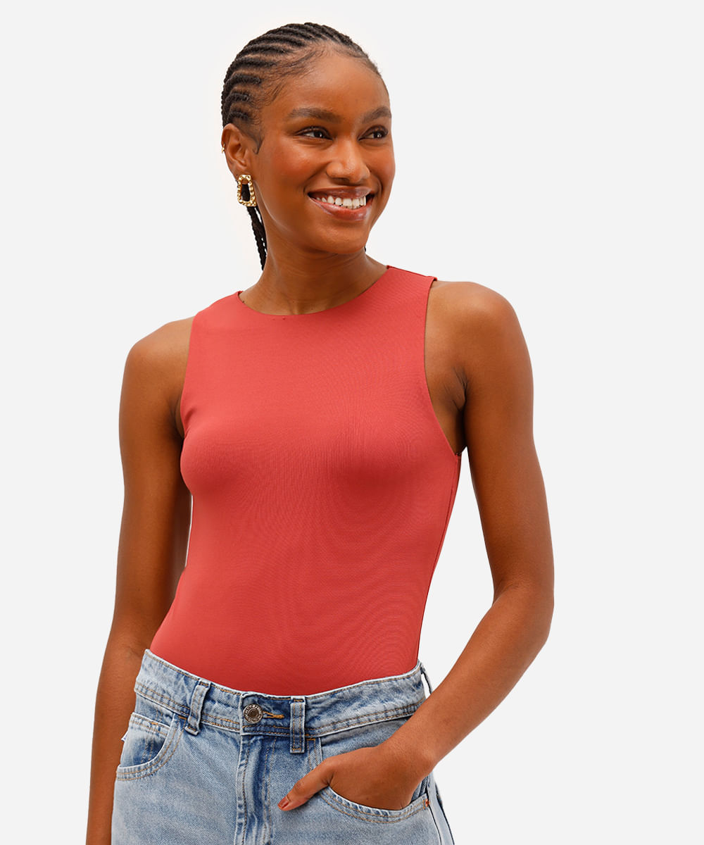 body feminino de poliamida decote redondo rosa