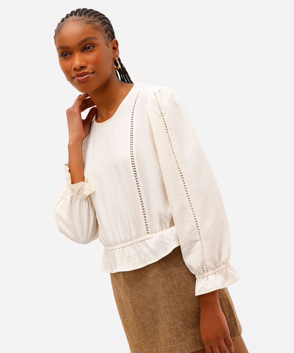 blusa feminina manga longa texturizada off white