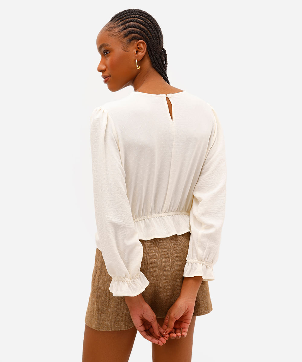 blusa feminina manga longa texturizada off white