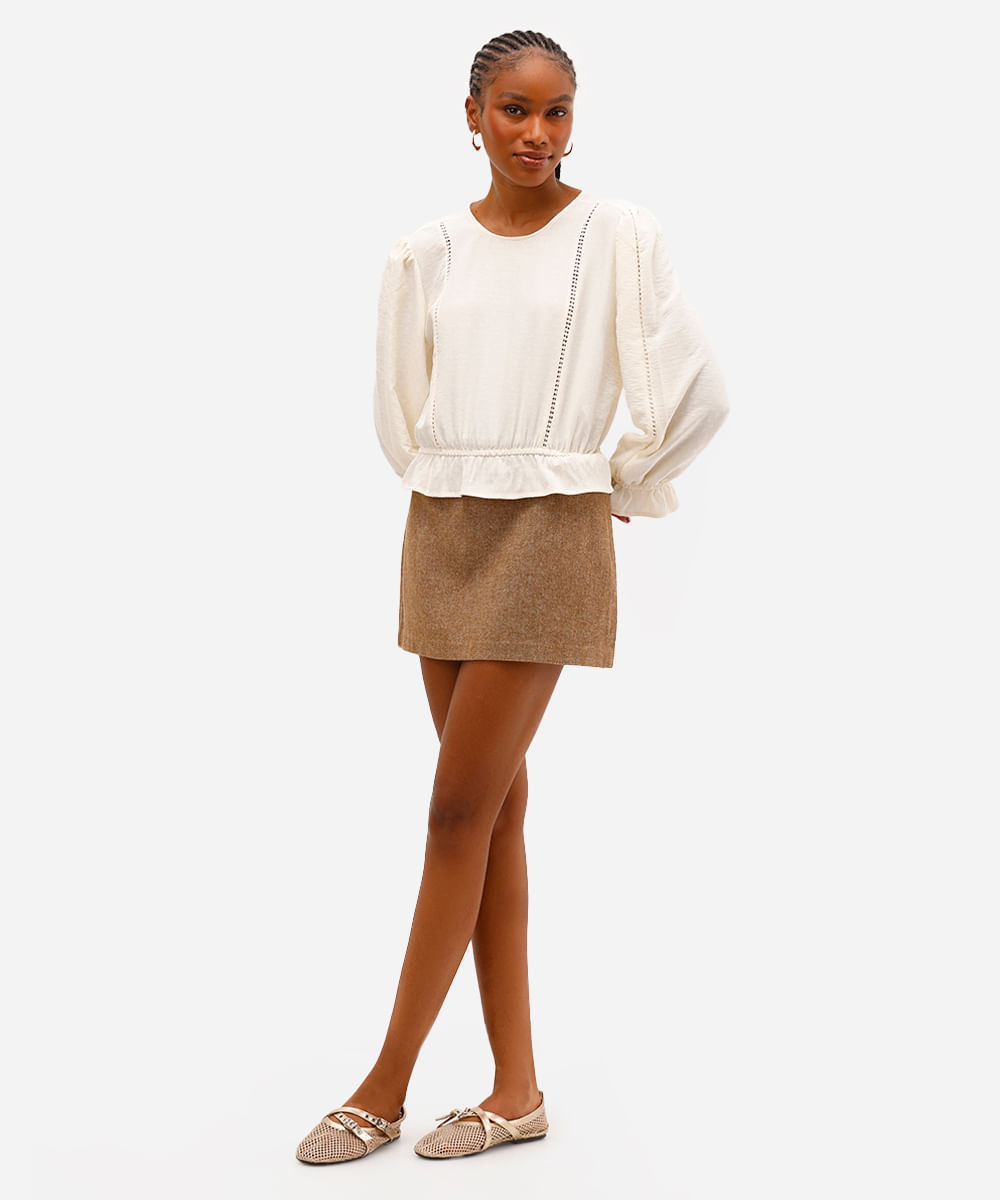 blusa feminina manga longa texturizada off white