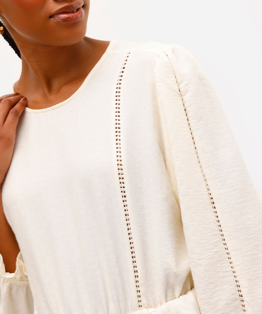 blusa feminina manga longa texturizada off white