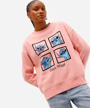 blusão de moletom com felpa manga longa stitch rosa