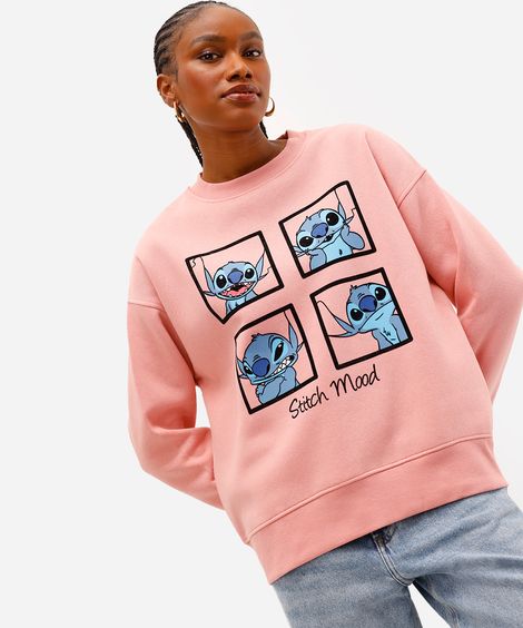 blusão de moletom com felpa manga longa stitch rosa