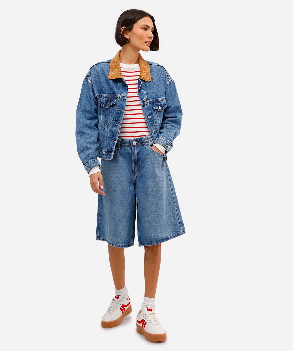 bermuda jorts feminina jeans cintura média azul