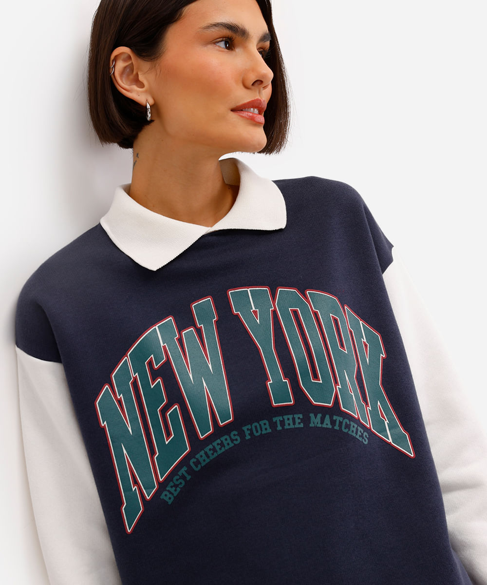 blusão feminino de moletom com gola new york azul