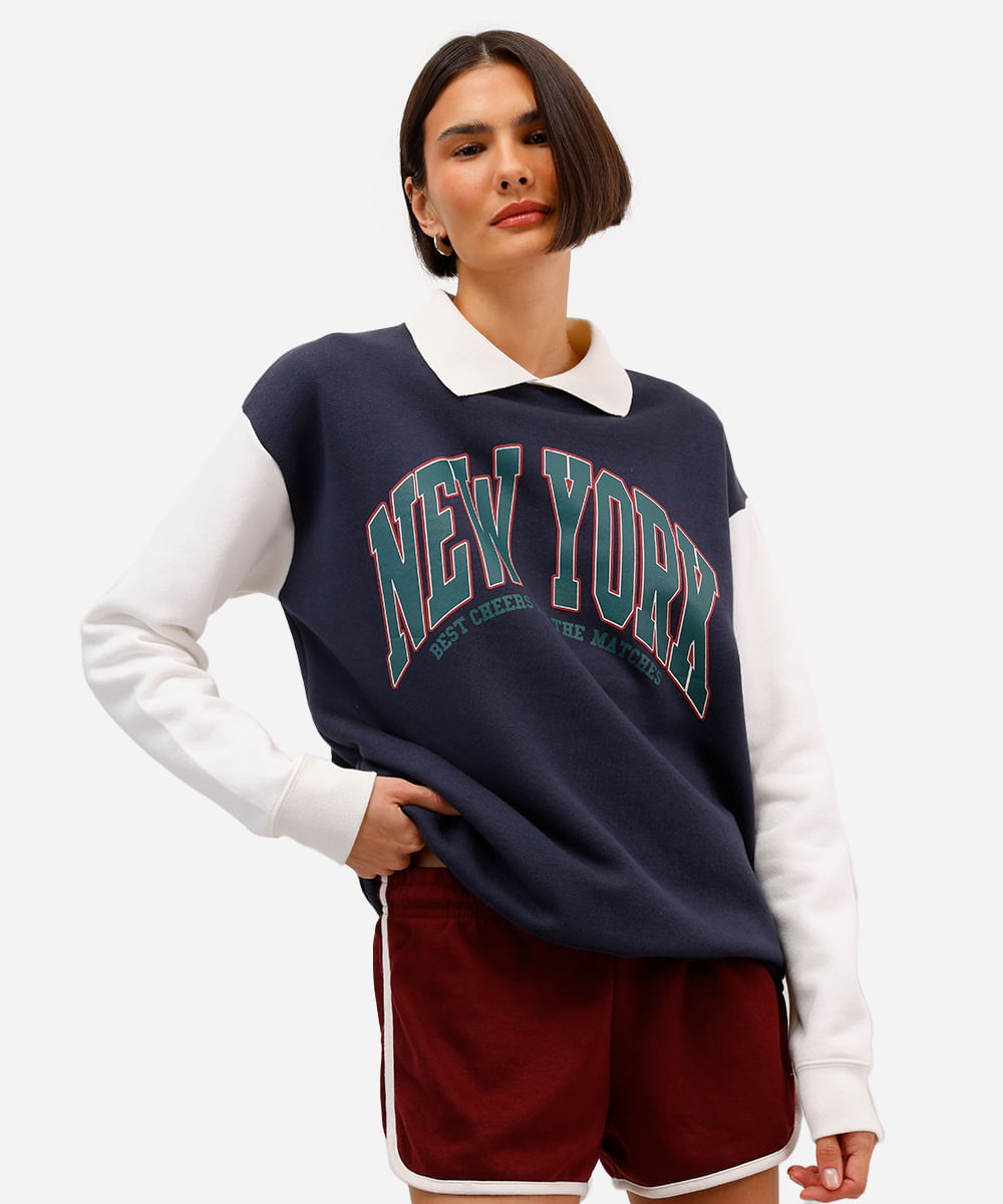 blusão feminino de moletom com gola new york azul