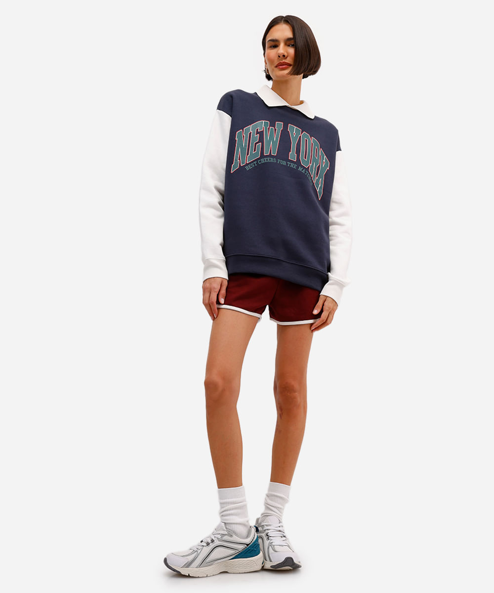 blusão feminino de moletom com gola new york azul