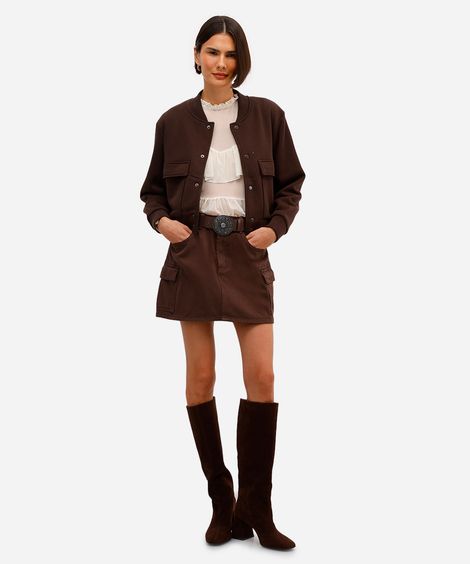 saia curta cargo feminina de sarja cintura média marrom