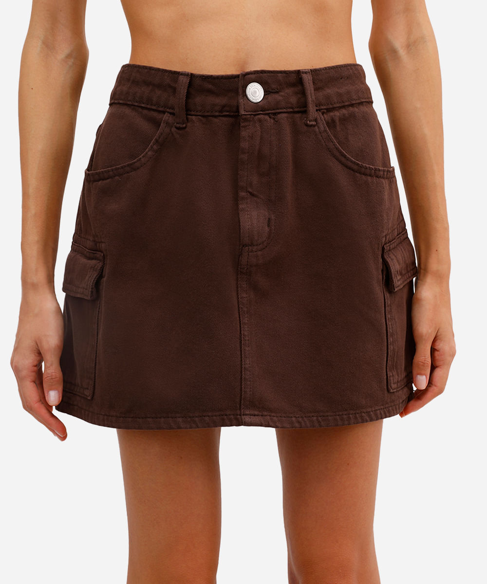 saia curta cargo feminina de sarja cintura média marrom