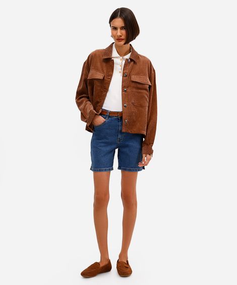 bermuda feminina jeans cintura alta com fendas azul