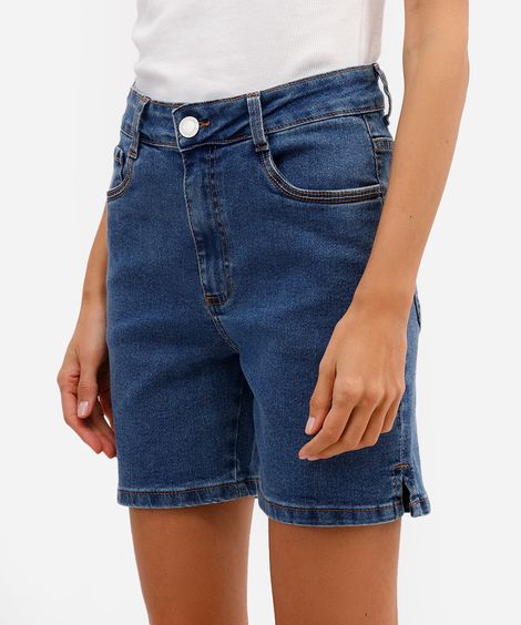 bermuda feminina jeans cintura alta com fendas azul