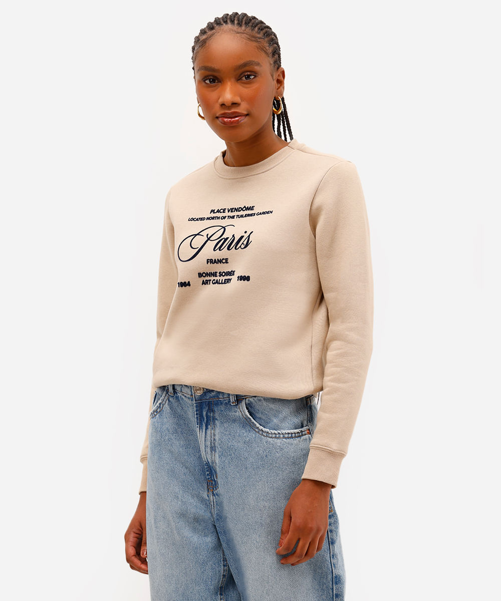 blusão feminino de moletom estampado texturizado bege
