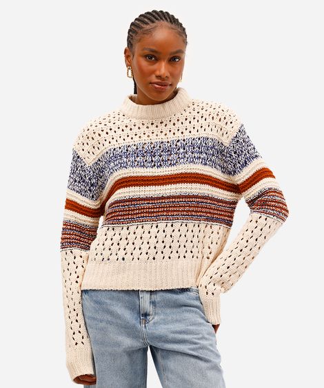 suéter feminino de tricot listrado bege