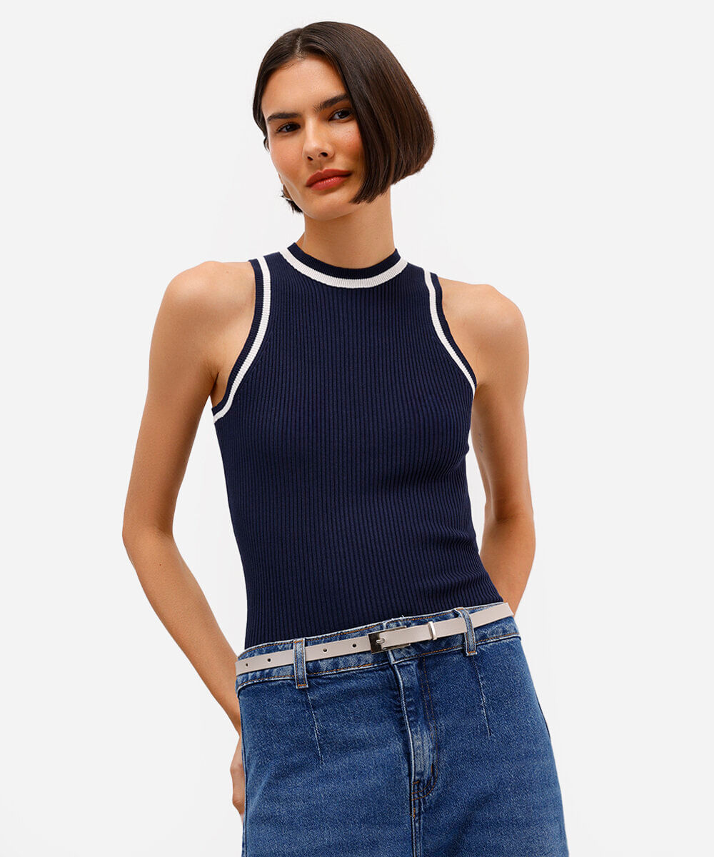regata de tricot canelada azul