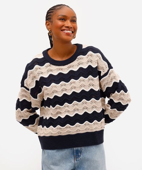 suéter feminino de tricot listrado texturizado bege