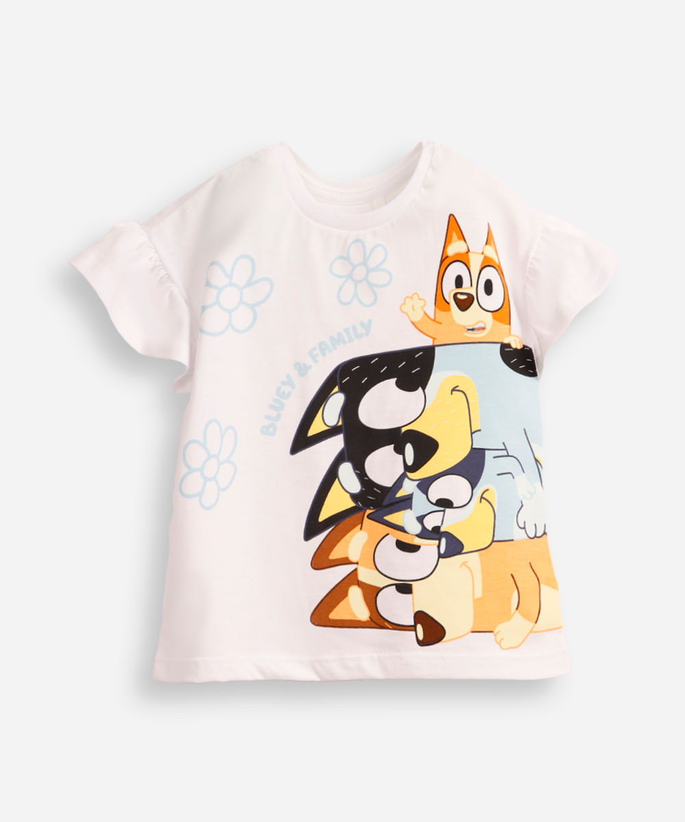 camiseta de algodão infantil bluey e família off white