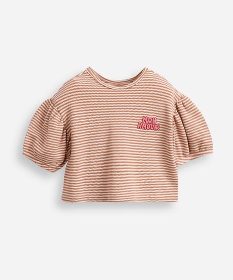 blusa de viscose infantil manga bufante listrada mon amour bege