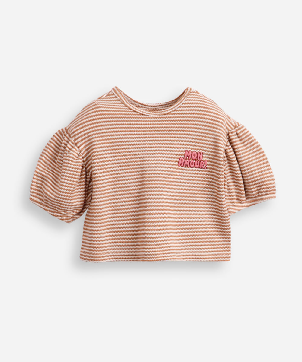 blusa de viscose infantil manga bufante listrada mon amour bege