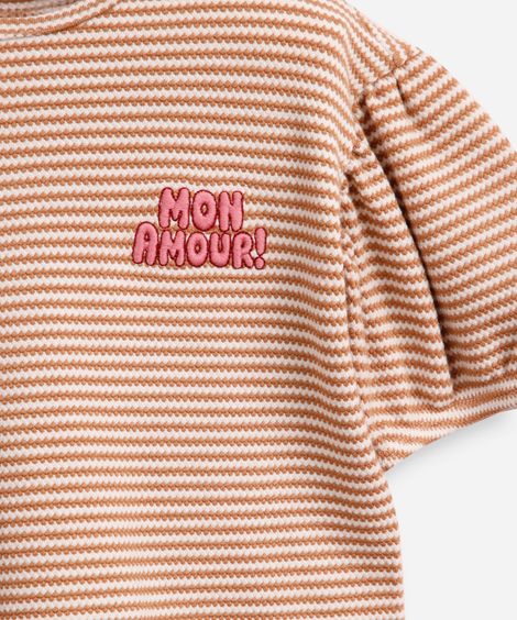blusa de viscose infantil manga bufante listrada mon amour bege