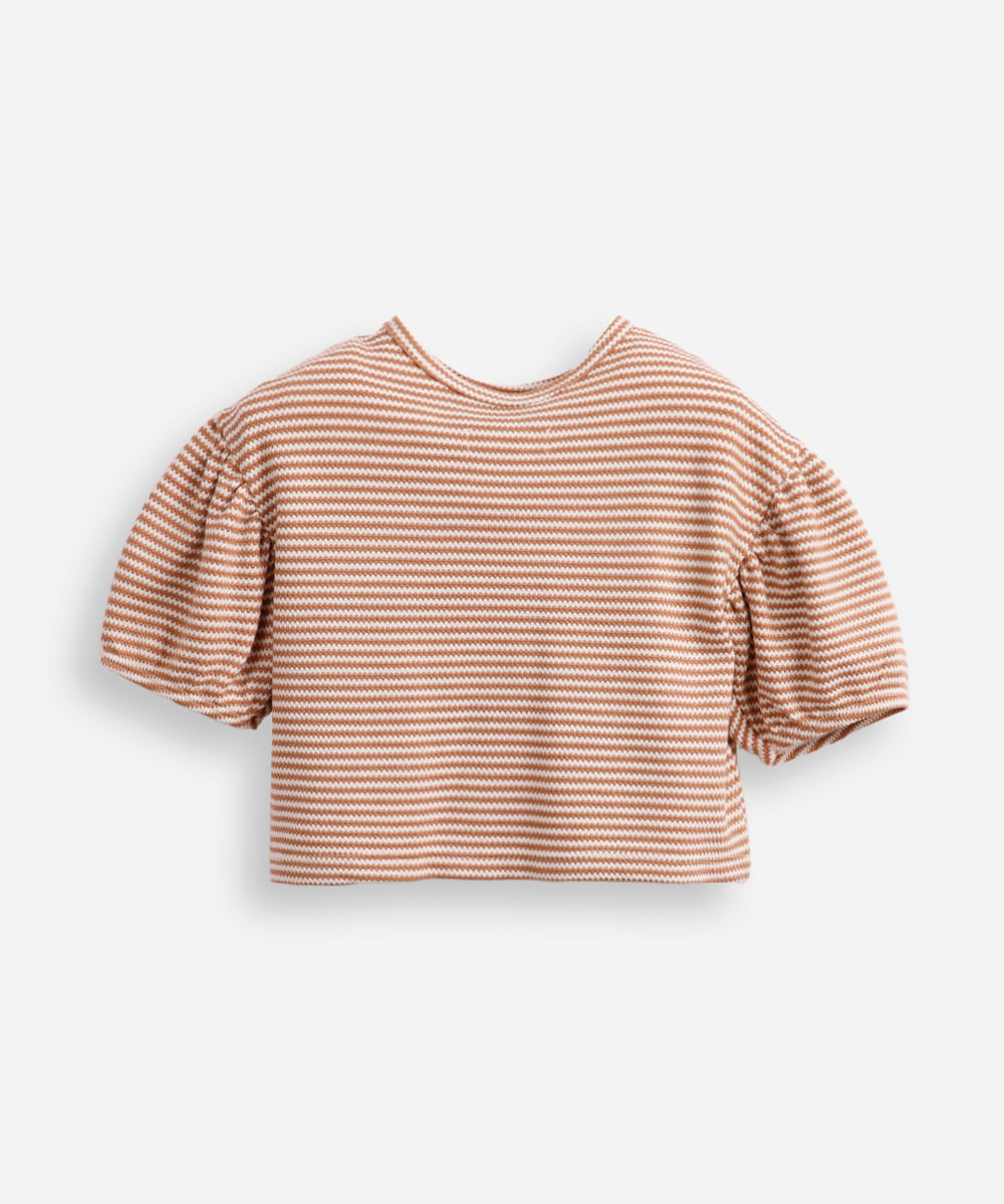blusa de viscose infantil manga bufante listrada mon amour bege