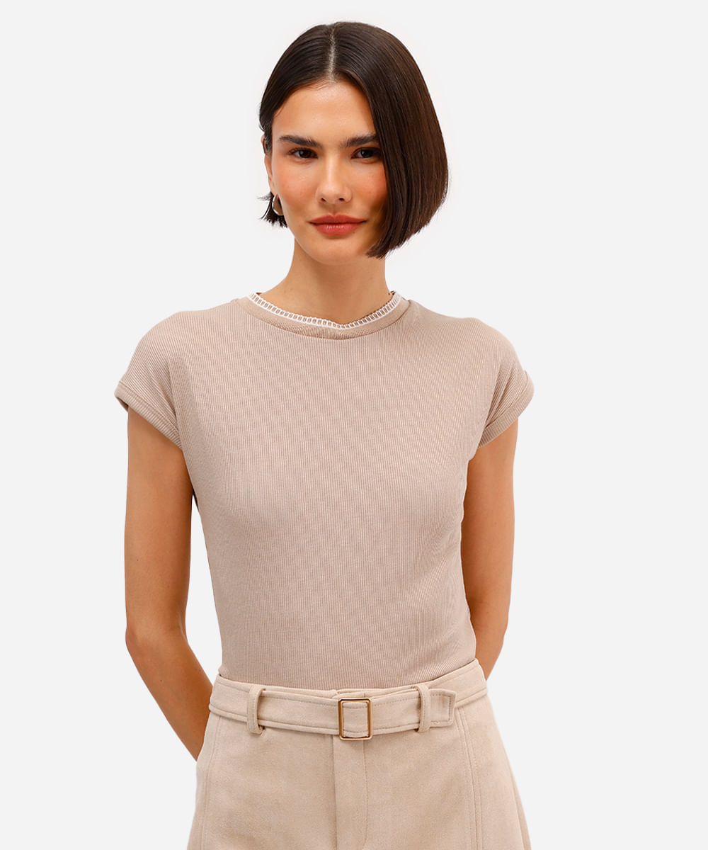 blusa feminina de viscose canelada ponto tricot bege