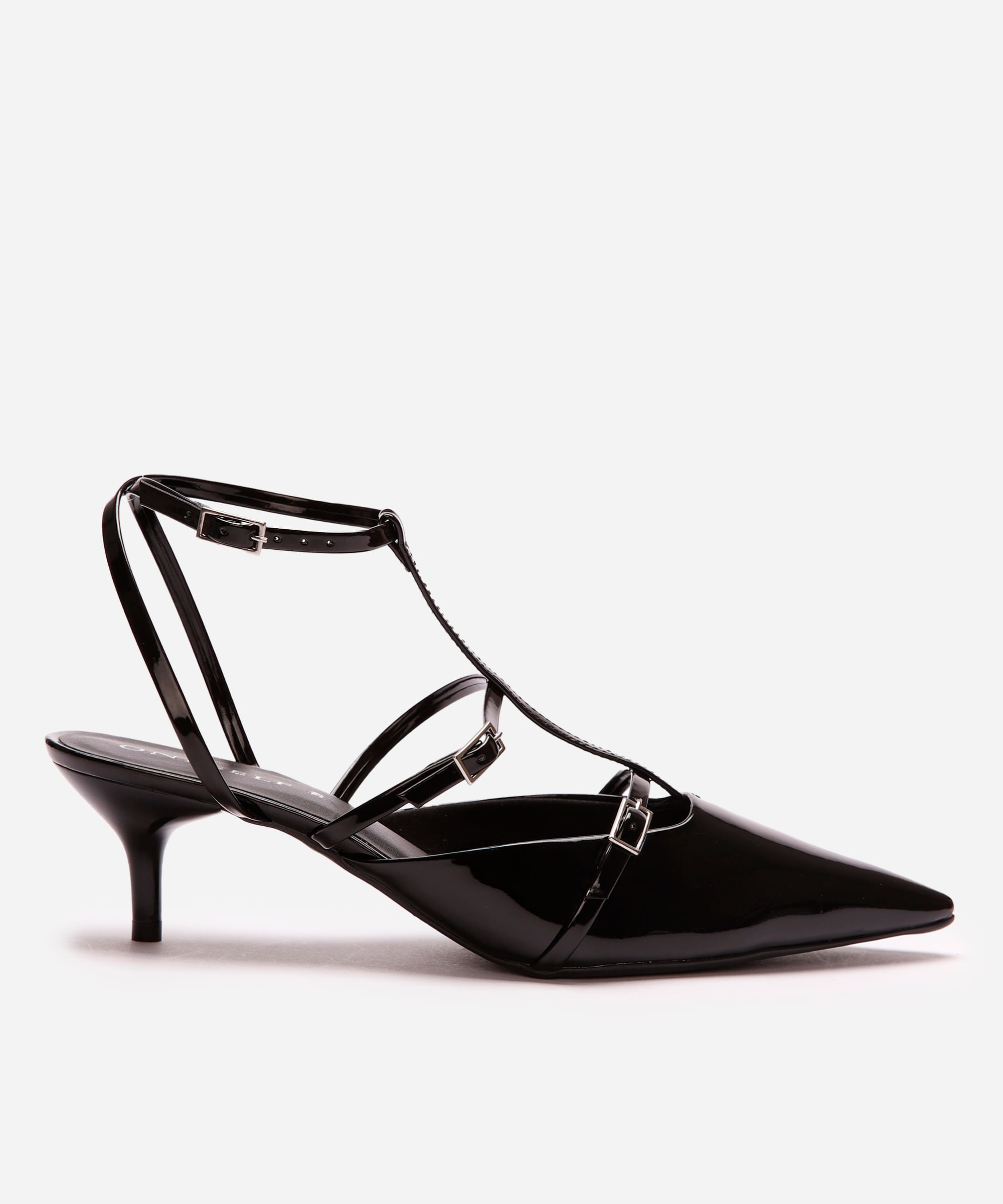 scarpin bico fino com fivelas oneself preto