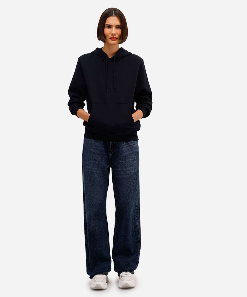 blusão básico feminino de moletom com capuz preto
